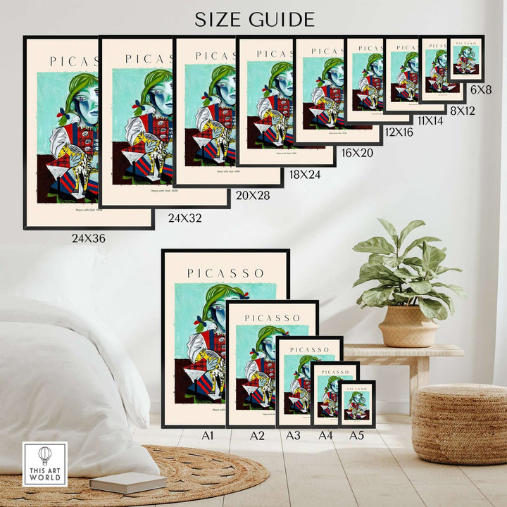 Size guide for Picasso prints featuring various dimensions and a decorative indoor setting with plant.