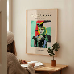 Picasso Woman Black Jacket Abstract Portrait Poster Cubist Style Artwork Print Collection displayed on a wall.