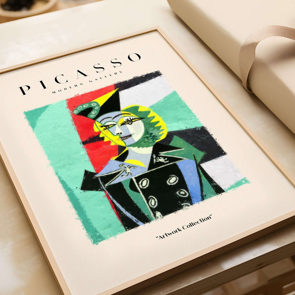 Picasso Woman Black Jacket Abstract Portrait Poster Cubist Style Artwork Print Collection displayed in a modern frame.