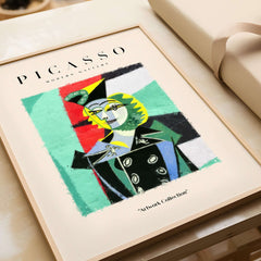 Picasso Woman Black Jacket Abstract Portrait Poster Cubist Style Artwork Print Collection displayed in a modern frame.