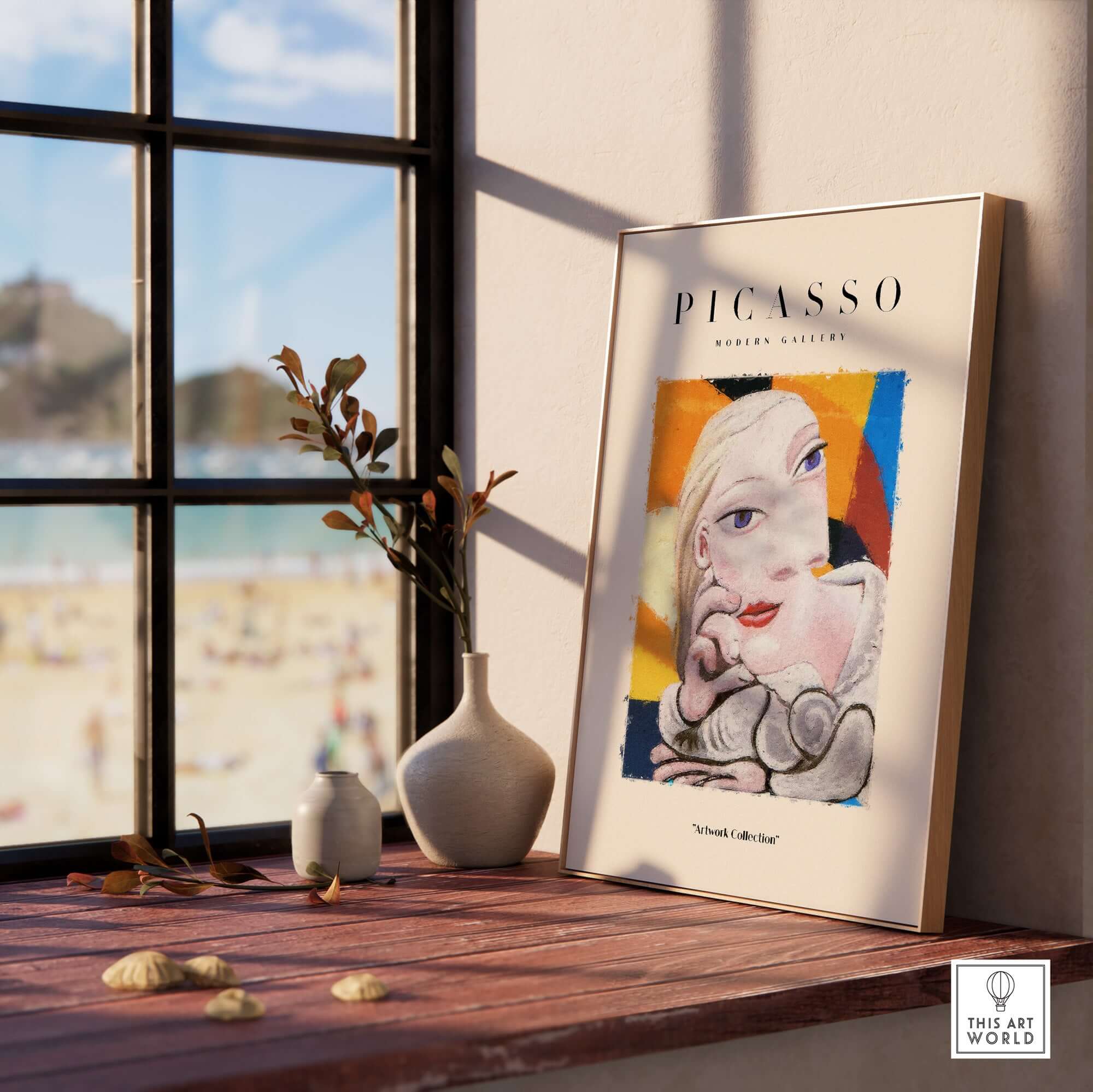 Picasso Blonde Woman Abstract Portrait Print Cubist Style Poster Artwork Collection displayed in a modern interior.