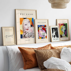 Picasso Blonde Woman Abstract Portrait Print Cubist Style Poster Artwork Collection displayed in a stylish interior setting.