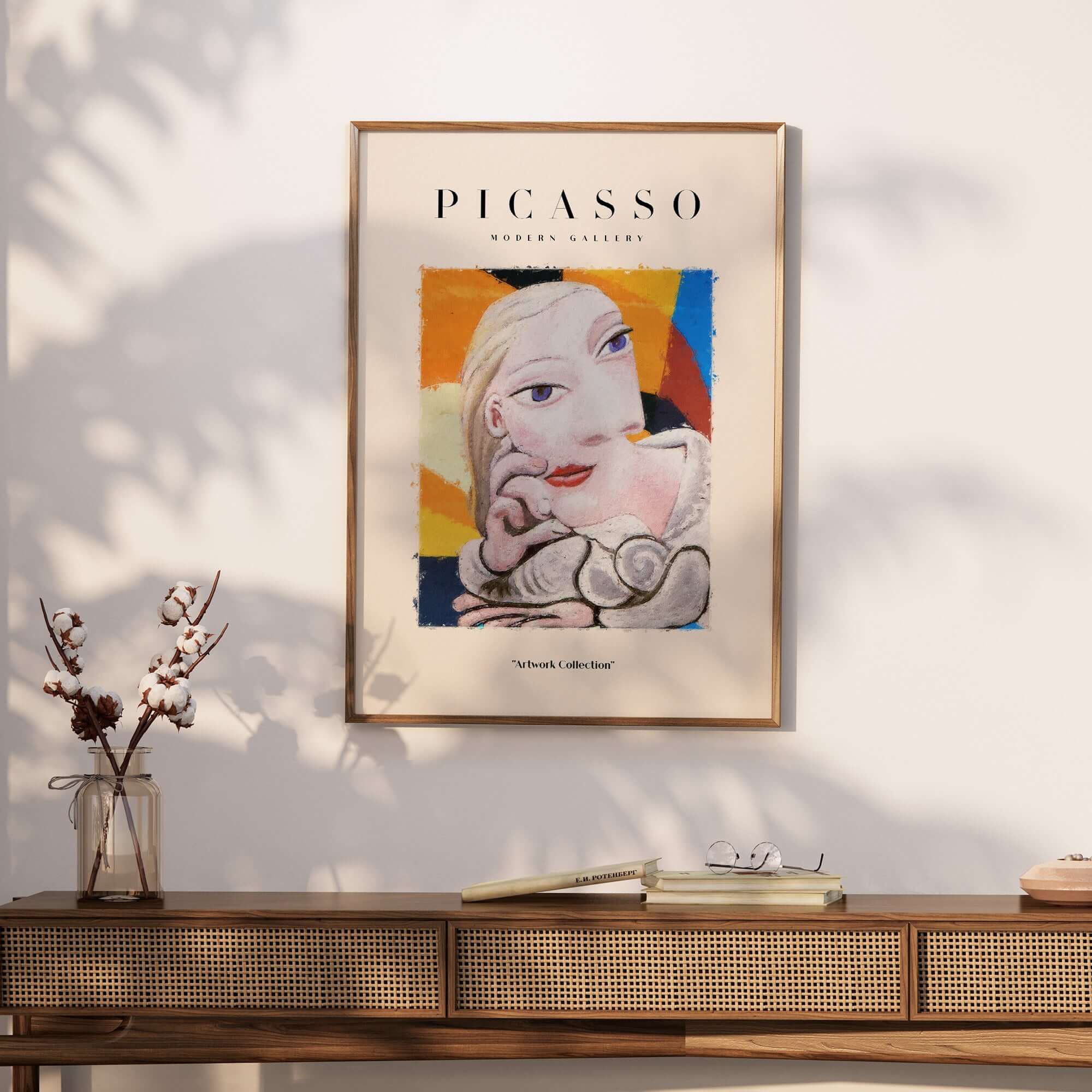 Picasso Blonde Woman Abstract Portrait Print Cubist Style Poster Artwork Collection on wall, featuring colorful design and bold hues.