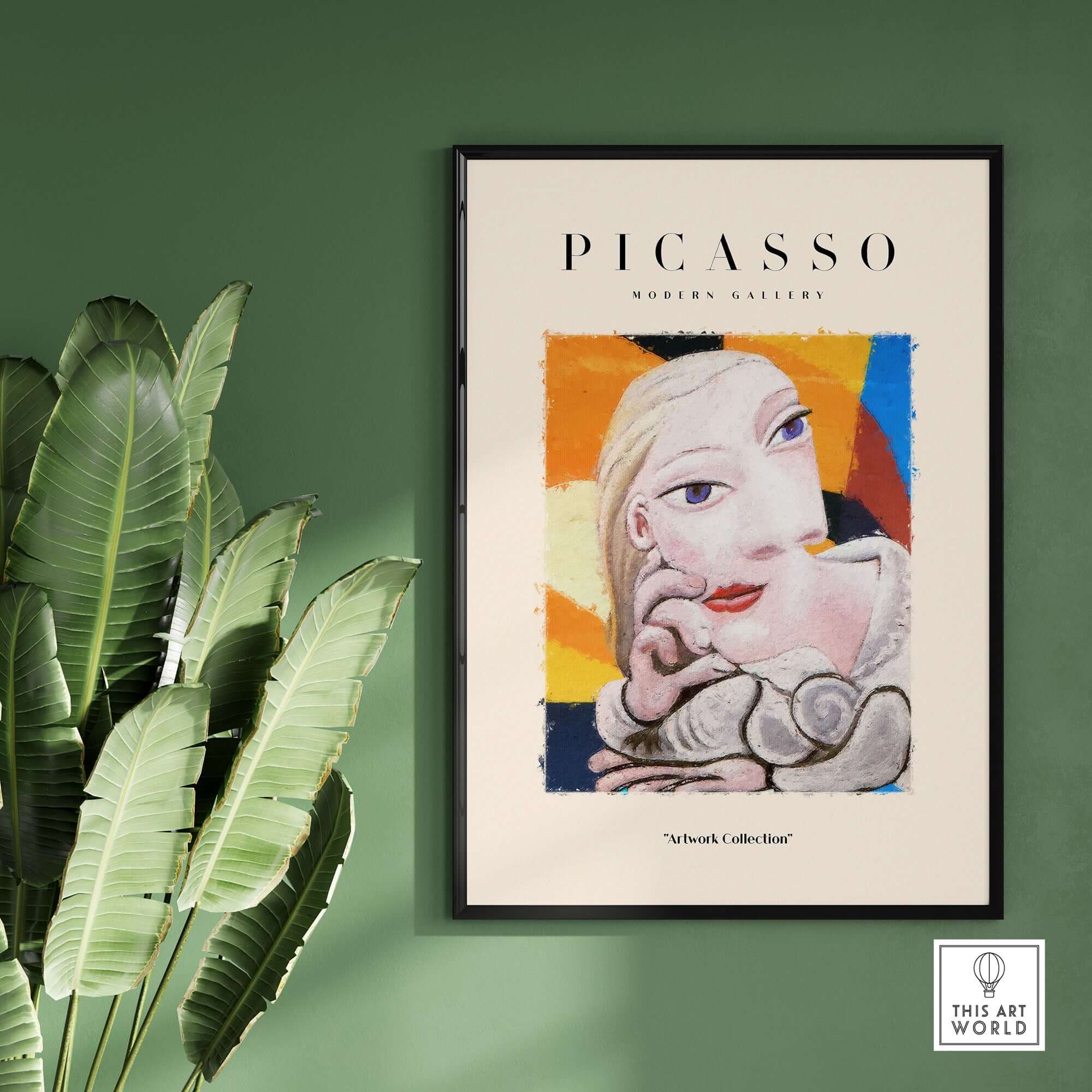 Picasso Blonde Woman Abstract Portrait Print Cubist Style Poster Artwork Collection on a wall with tropical plant