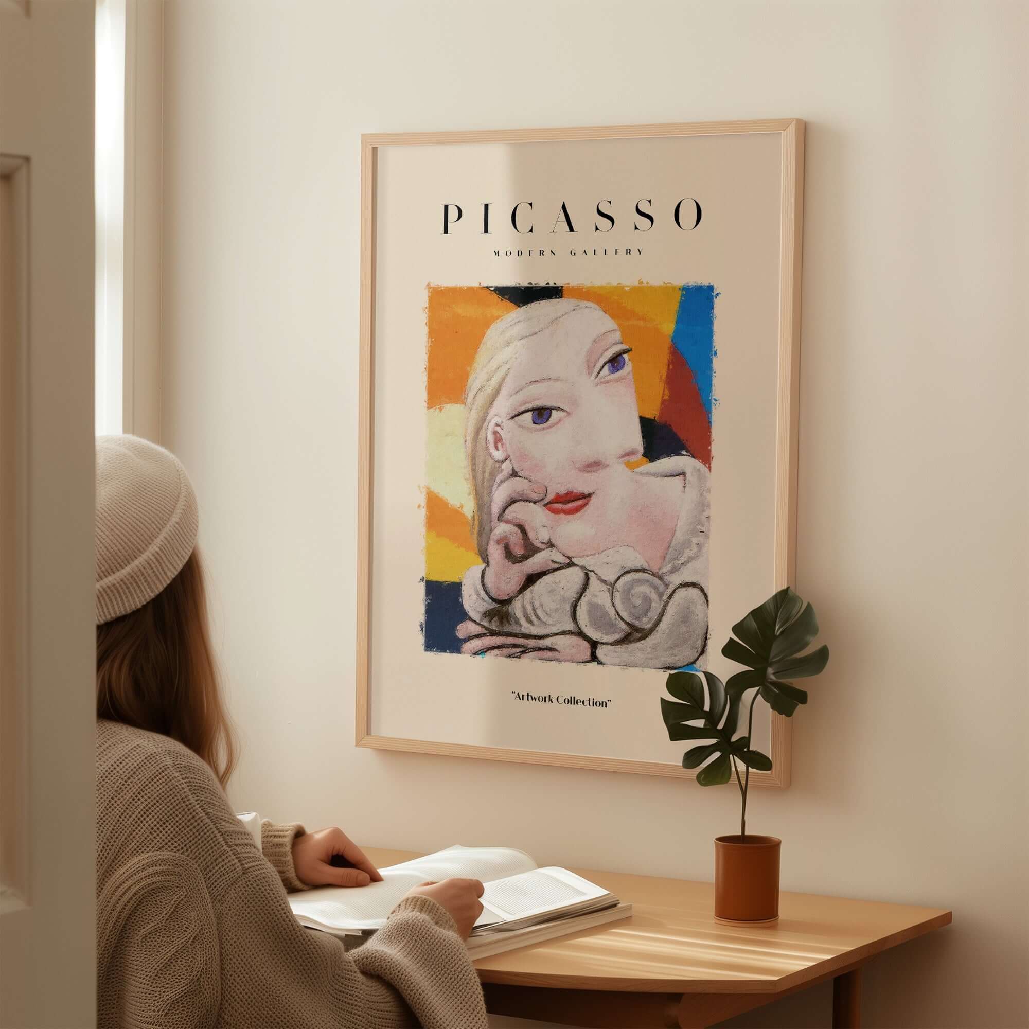 Picasso Blonde Woman Abstract Portrait Print Cubist Style Poster Artwork Collection displayed on wall.