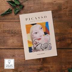Picasso Blonde Woman Abstract Portrait Print Cubist Style Poster Artwork Collection displayed on wooden surface.