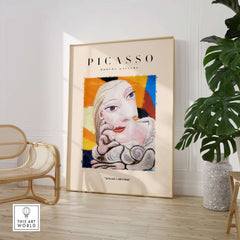 Picasso Blonde Woman Abstract Portrait Print Cubist Style Poster Artwork Collection in modern interior setting.