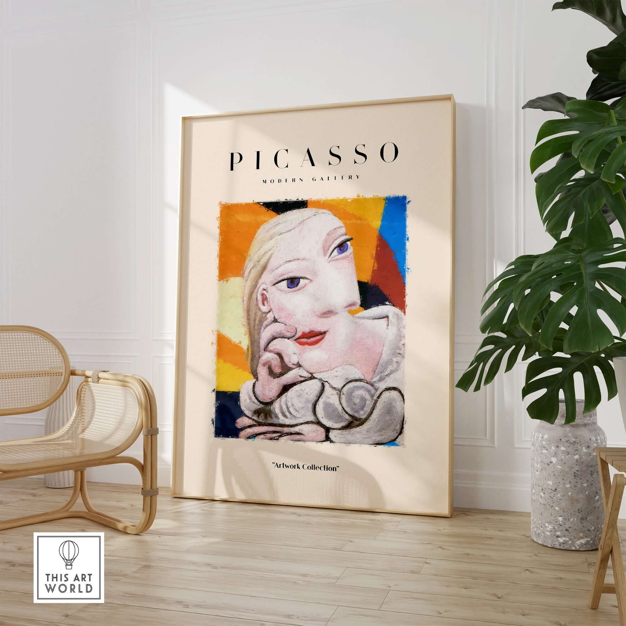 Picasso Blonde Woman Abstract Portrait Print Cubist Style Poster Artwork Collection in modern interior setting.