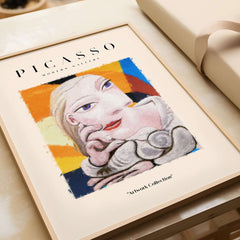 Picasso Blonde Woman Abstract Portrait Print Cubist Style Poster Artwork Collection displayed in a modern frame.