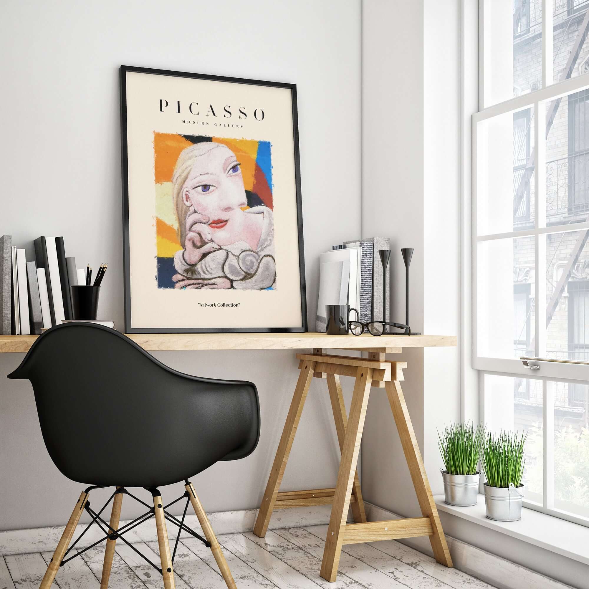 Picasso Blonde Woman Abstract Portrait Print Cubist Style Poster Artwork Collection displayed in a modern workspace.