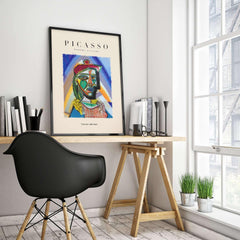 Picasso Bust Portrait Abstract Art Print Colorful Cubist Poster Artwork Collection displayed in a modern office setting.