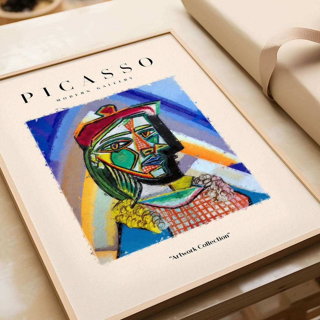 Colorful Picasso bust portrait art print from Modern Gallery, showcasing bold cubist design and vibrant abstraction.