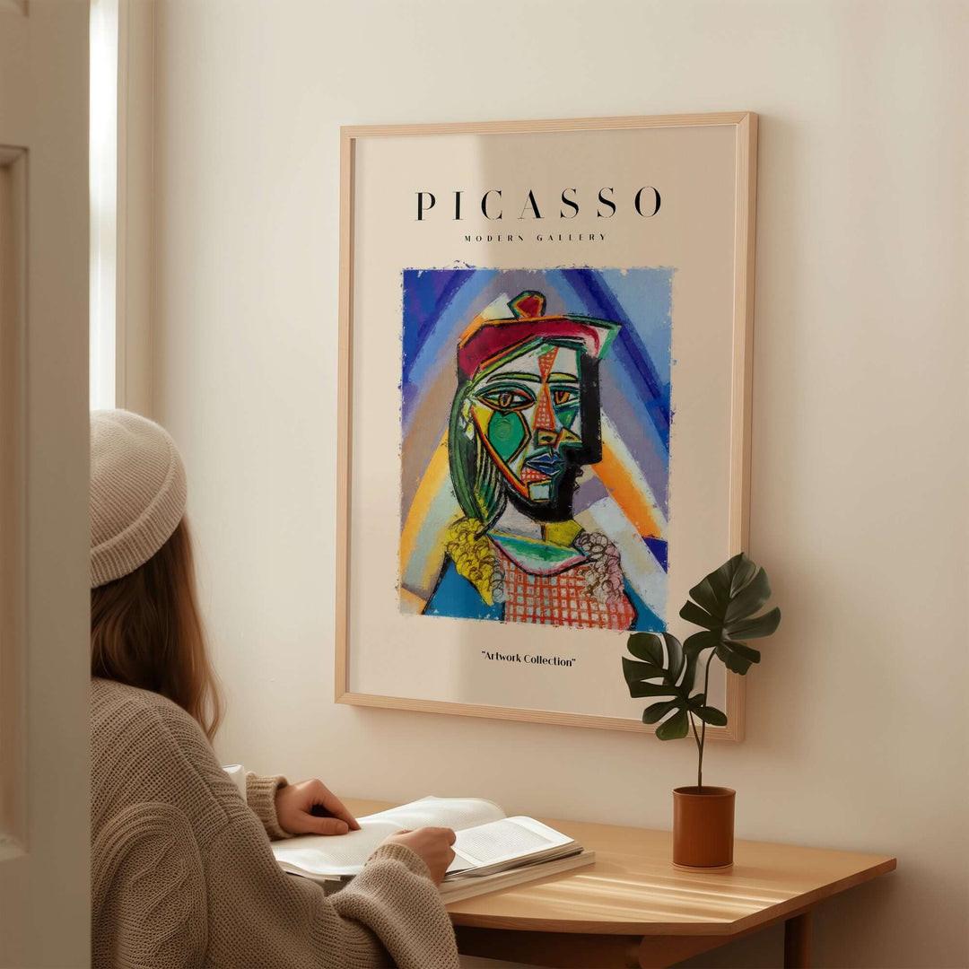 Colorful Cubist art print of a Picasso-inspired bust portrait on wall, with viewer seated beside a table.
