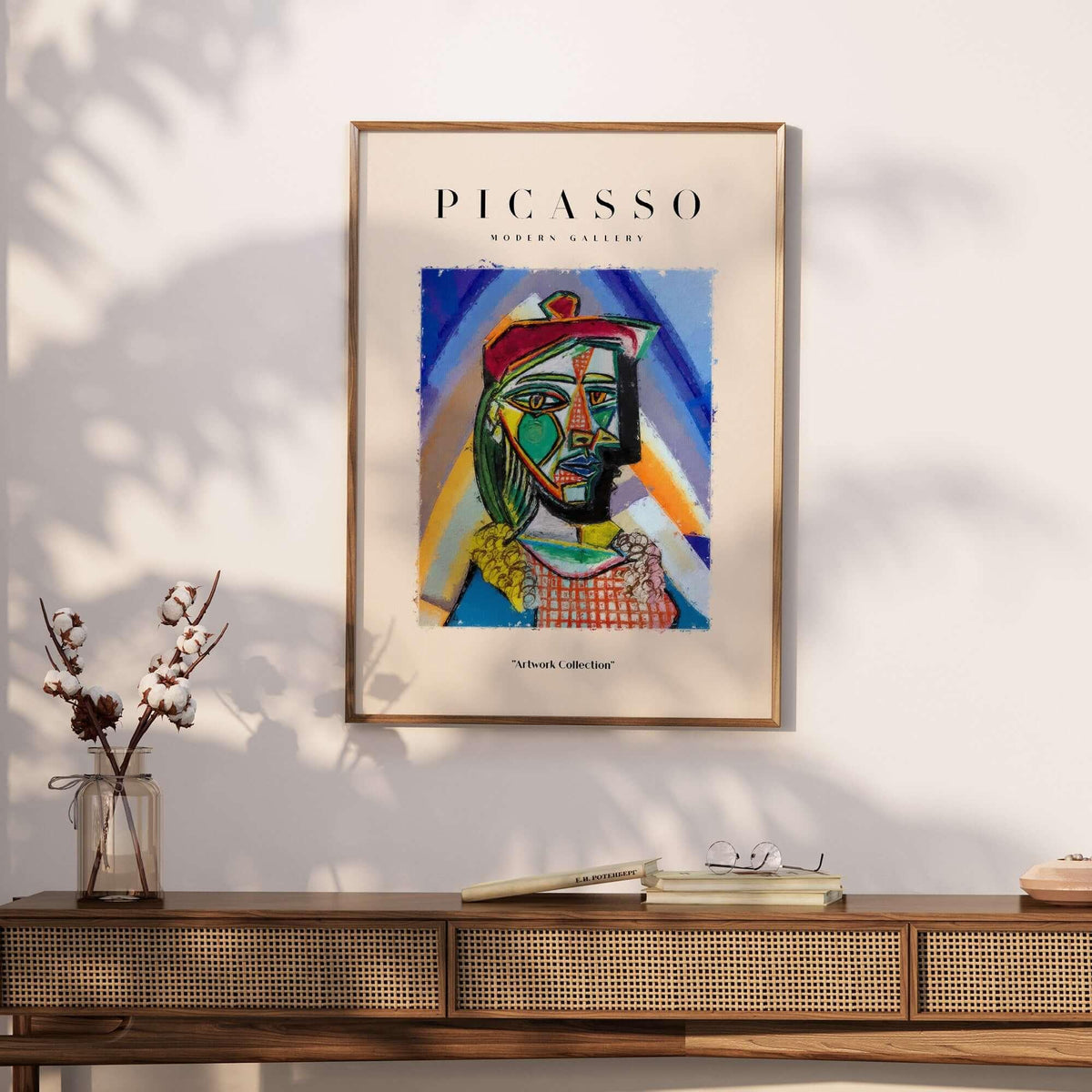 Picasso Bust Portrait Abstract Art Print Colorful Cubist Poster Artwork Collection framed on a wall with shadow and decor