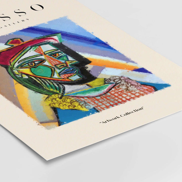 Colorful Picasso-inspired cubist bust portrait art print featuring abstract shapes and vibrant colors.