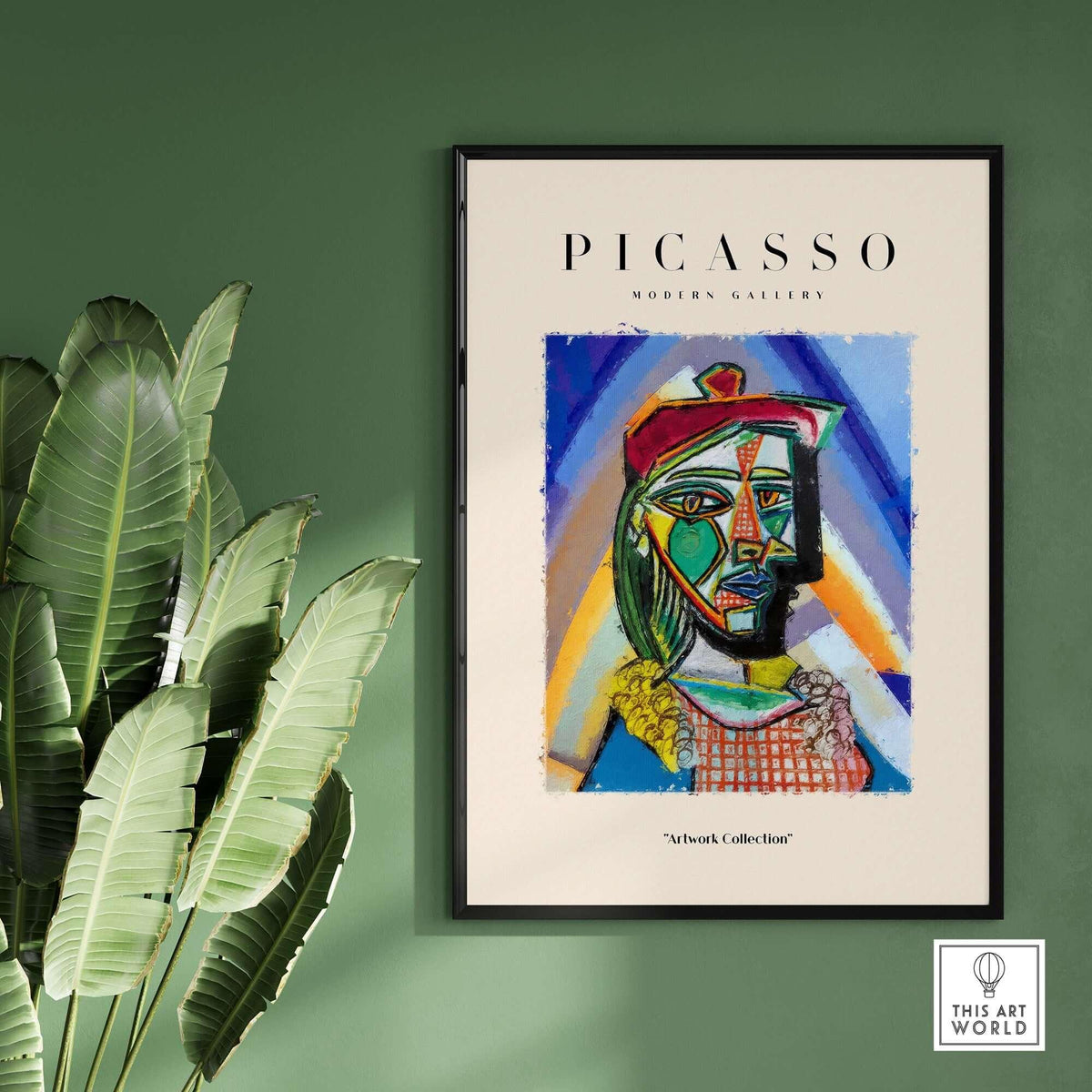 Picasso Bust Portrait Abstract Art Print Colorful Cubist Poster Artwork Collection on green wall with plants