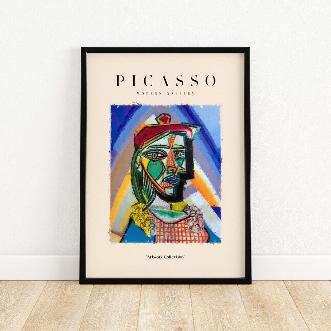 Colorful Cubist art print featuring Picasso-style bust portrait with vibrant background from Modern Gallery.