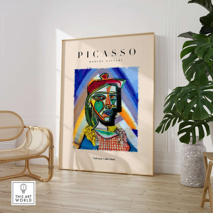 Colorful Cubist Picasso bust portrait abstract art print displayed in modern gallery setting.