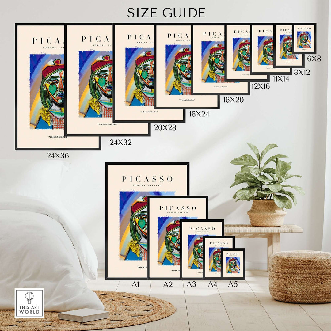 Size guide for Picasso Bust Portrait abstract art prints in various dimensions on a stylish interior backdrop.
