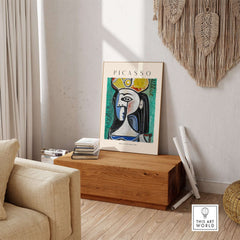 Picasso Bust Seated Woman 1962 Art Print Abstract Portrait Poster Colorful Wall Art displayed in a modern living room.