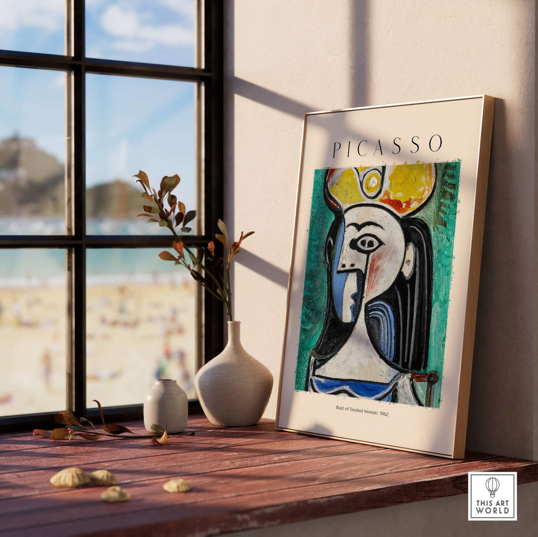 Picasso Bust of Seated Woman 1962 art print framed in a stylish setting with beach view and decorative elements.