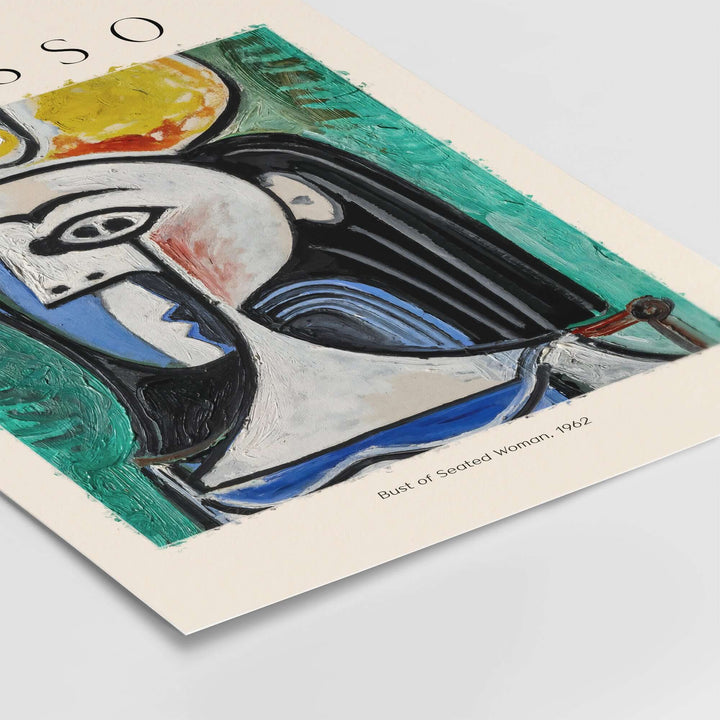 Picasso Bust of Seated Woman 1962 Art Print, Abstract Portrait with vibrant colors and Cubist style.