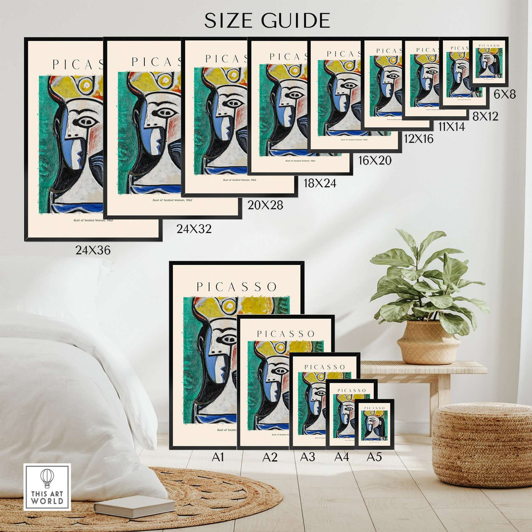 Size guide for Picasso Bust Seated Woman art prints in various frame sizes against an indoor setting with plants.