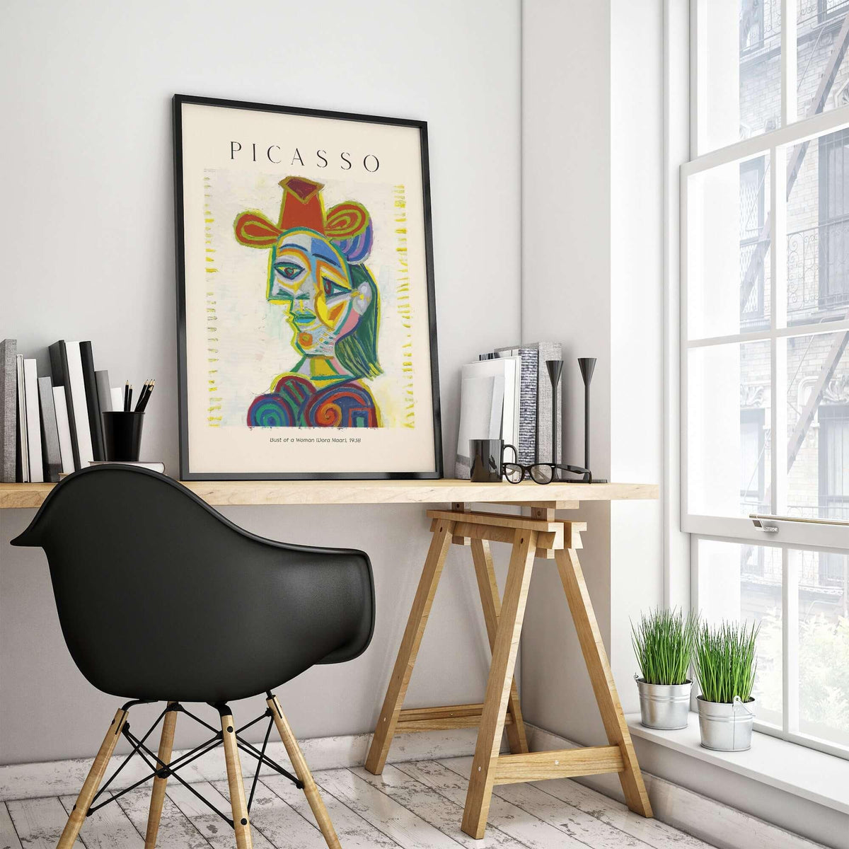 Picasso Bust Woman Dora Maar 1938 Portrait Art Print Colorful Cubist Poster Wall Art in modern office decor.