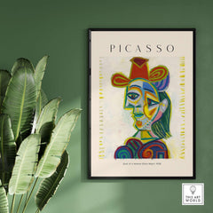 Picasso Bust Woman Dora Maar 1938 Portrait Art Print Colorful Cubist Poster Wall Art on a green wall.
