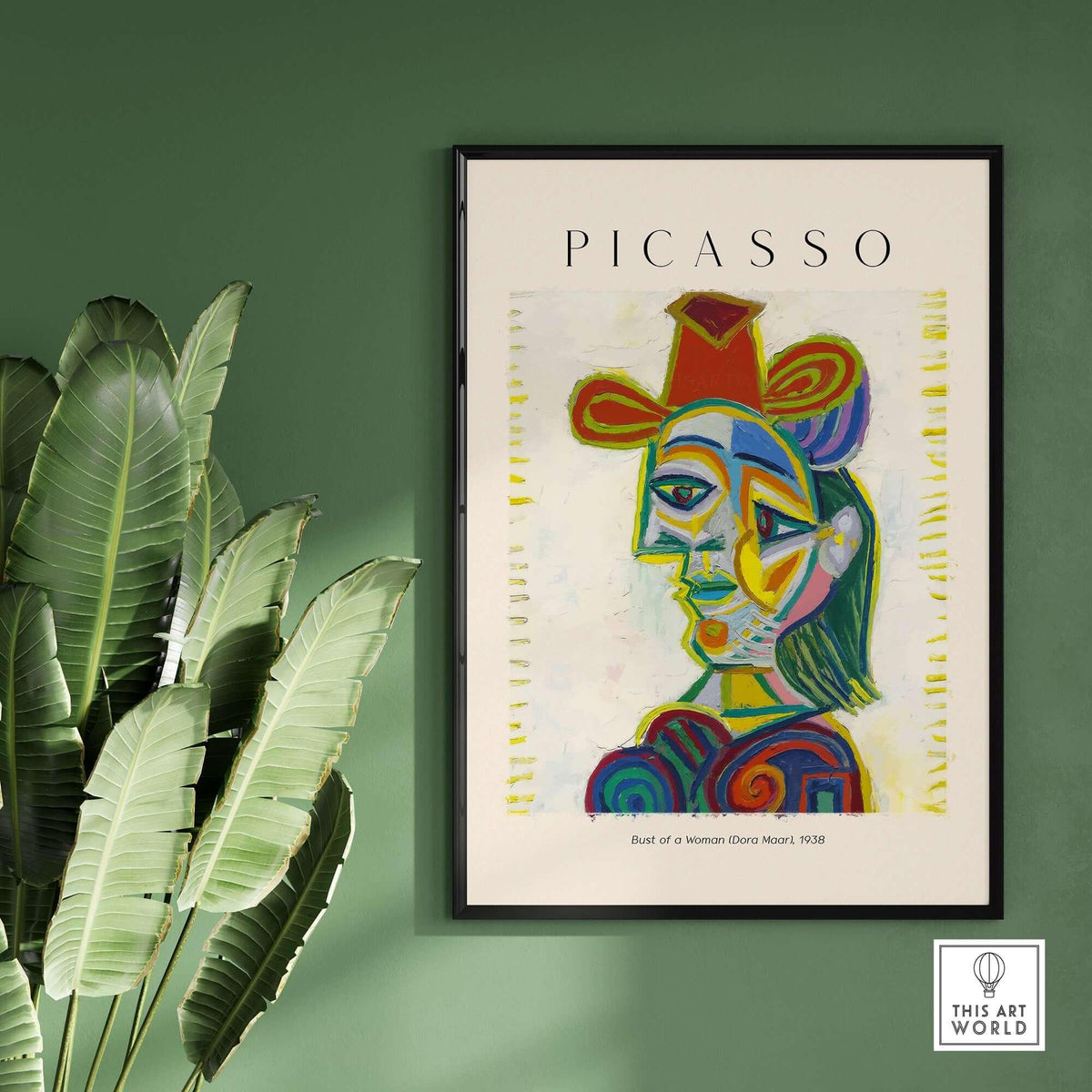 Picasso Bust Woman Dora Maar 1938 Portrait Art Print Colorful Cubist Poster Wall Art on a green wall.