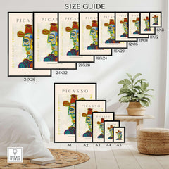Size guide for Picasso Bust Woman Dora Maar 1938 Portrait Art Print Colorful Cubist Poster Wall Art in various dimensions.