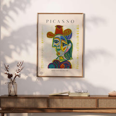 Picasso Bust Woman Dora Maar 1938 Portrait Art Print Colorful Cubist Poster Wall Art displayed in a stylish interior.