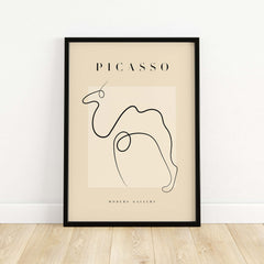 Picasso Camel Line Art Minimalist Animal Poster Modern Gallery Print Wall Art framed in a stylish interior setting.