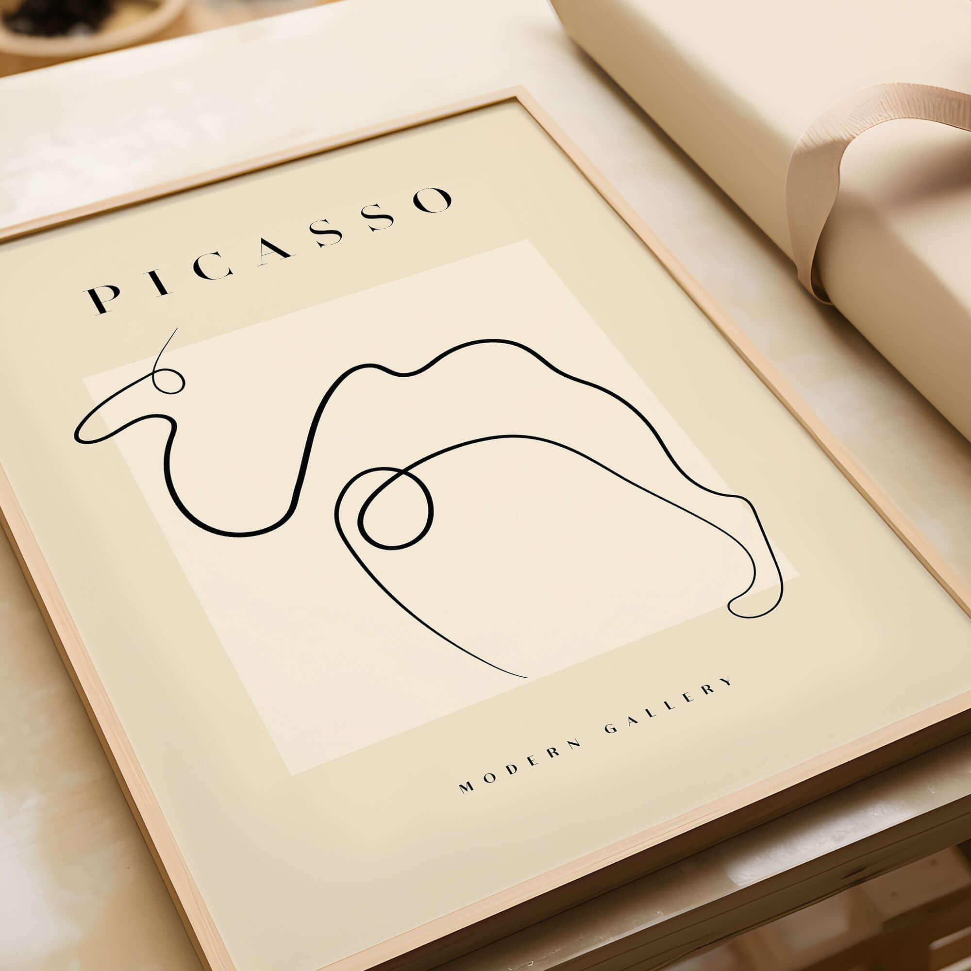 Picasso Camel Line Art Minimalist Animal Poster Modern Gallery Print Wall Art displayed in a wooden frame on a table.