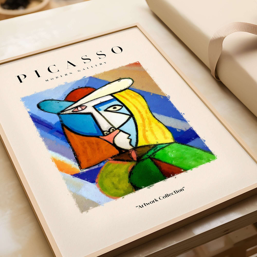 Picasso Woman Hat Abstract Portrait Print Colorful Cubist Poster Artwork Collection displayed in a modern frame.