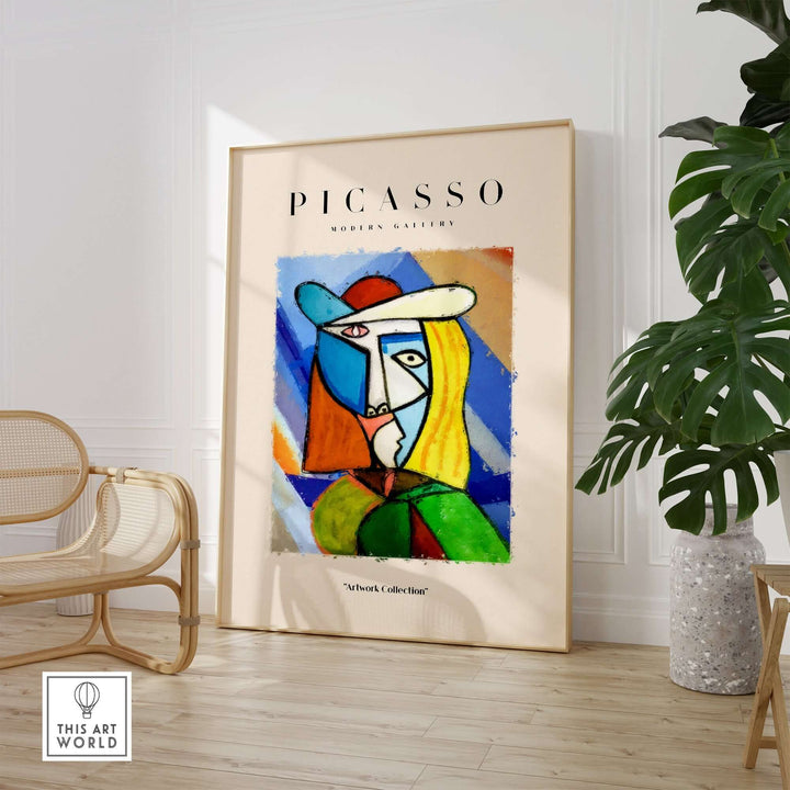 Colorful abstract portrait print of woman in hat by Picasso, showcasing vibrant Cubist style and bold geometric shapes.