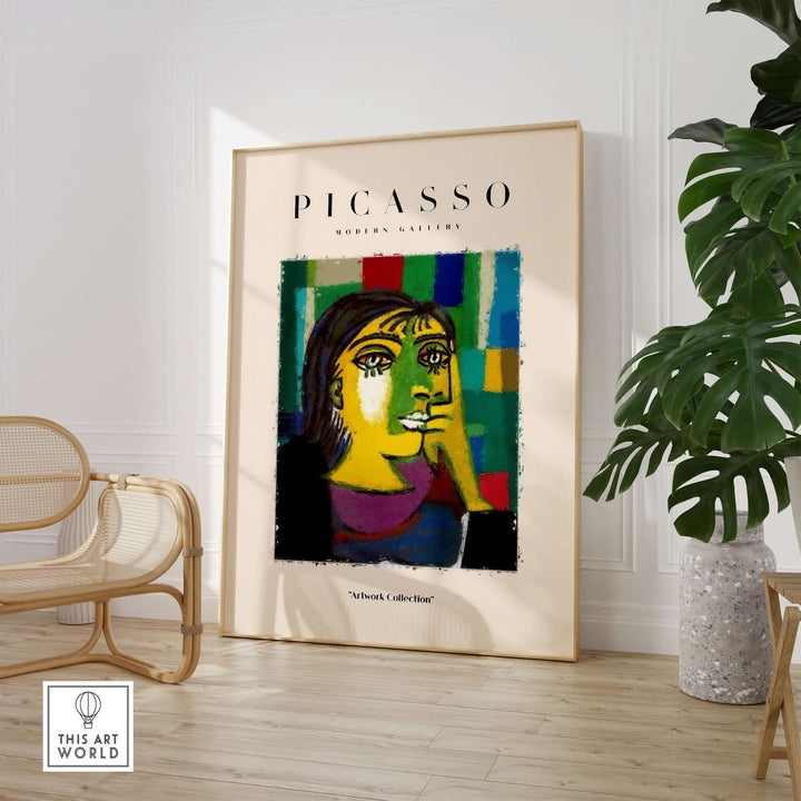 Colorful Picasso-inspired abstract portrait art print of a contemplative woman in a modern gallery setting.