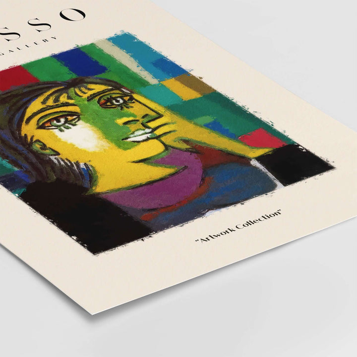 Colorful abstract portrait of a contemplative woman inspired by Picasso, featuring bold colors and Cubist elements.