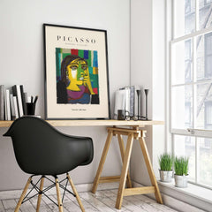 Picasso Contemplative Woman Abstract Art Print Colorful Portrait Poster Artwork Collection displayed in a modern office setting.