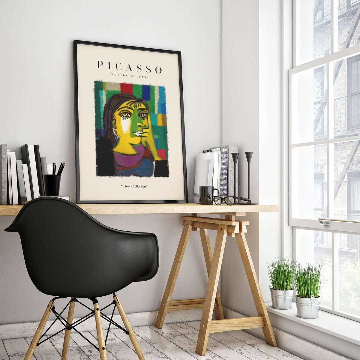 Picasso Contemplative Woman Abstract Art Print Colorful Portrait Poster Artwork Collection displayed in a modern office setting.