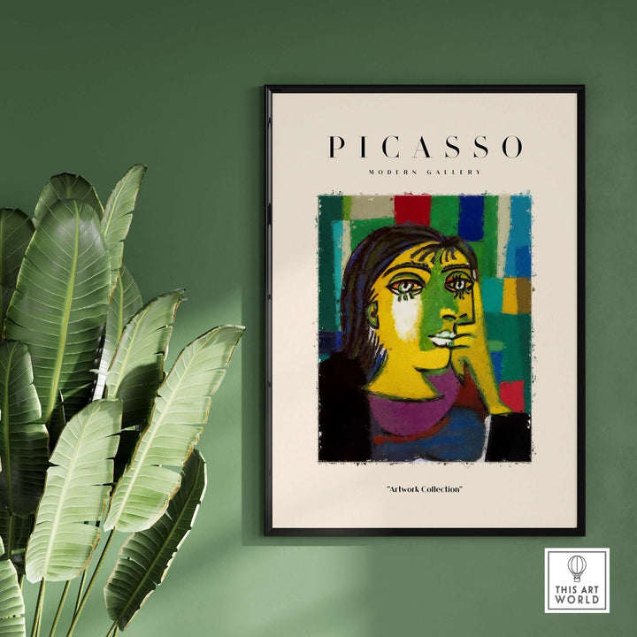 Colorful Picasso-inspired abstract art print of a contemplative woman in a modern gallery setting.