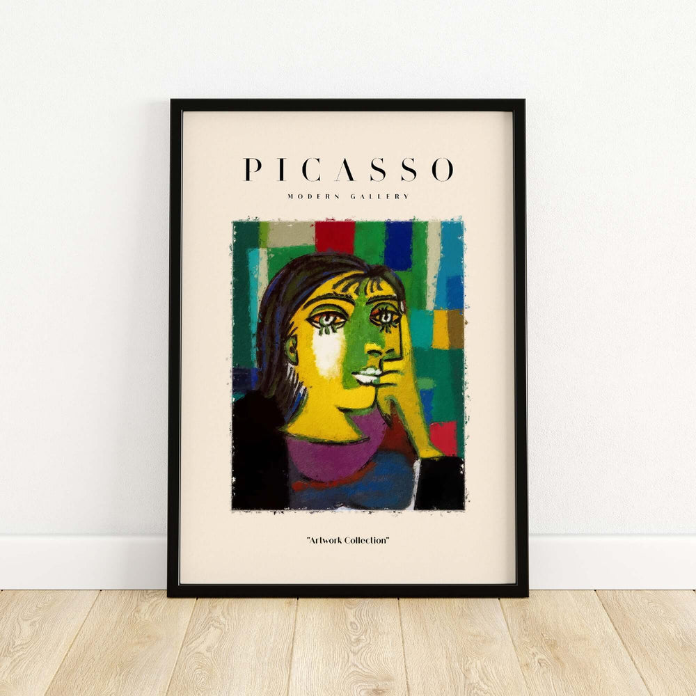Colorful Picasso abstract portrait of a contemplative woman in Cubist style, framed wall art from Modern Gallery.