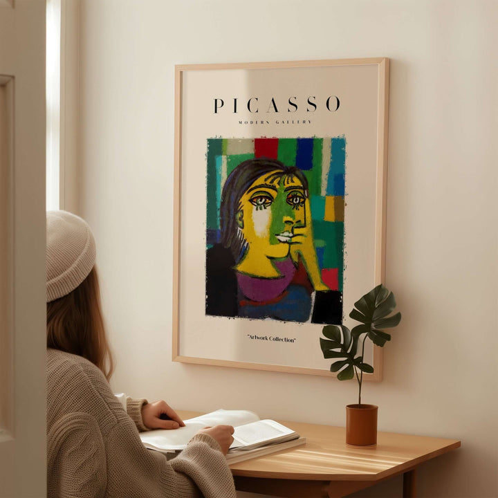 Picasso contemplative woman abstract art print in colorful blocks, enhancing modern interior decor.