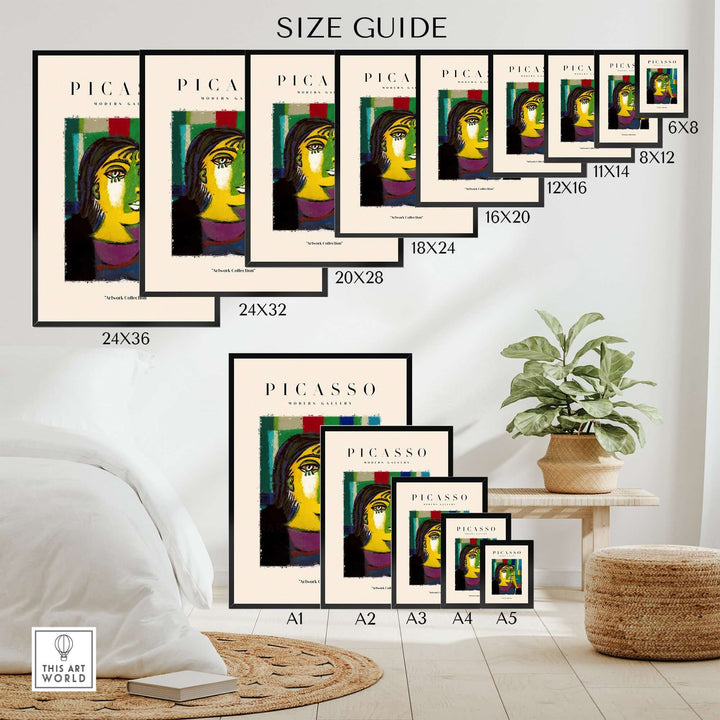 Size guide for Picasso Contemplative Woman abstract art prints showcasing various sizes and framing options.