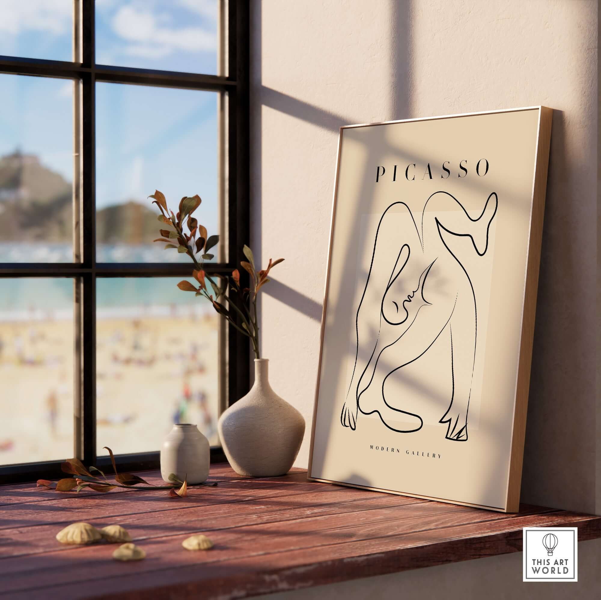 Picasso Contorted Figure Abstract Pose Line Art Modern Gallery Poster Wall Art displayed on a wooden table by a window.