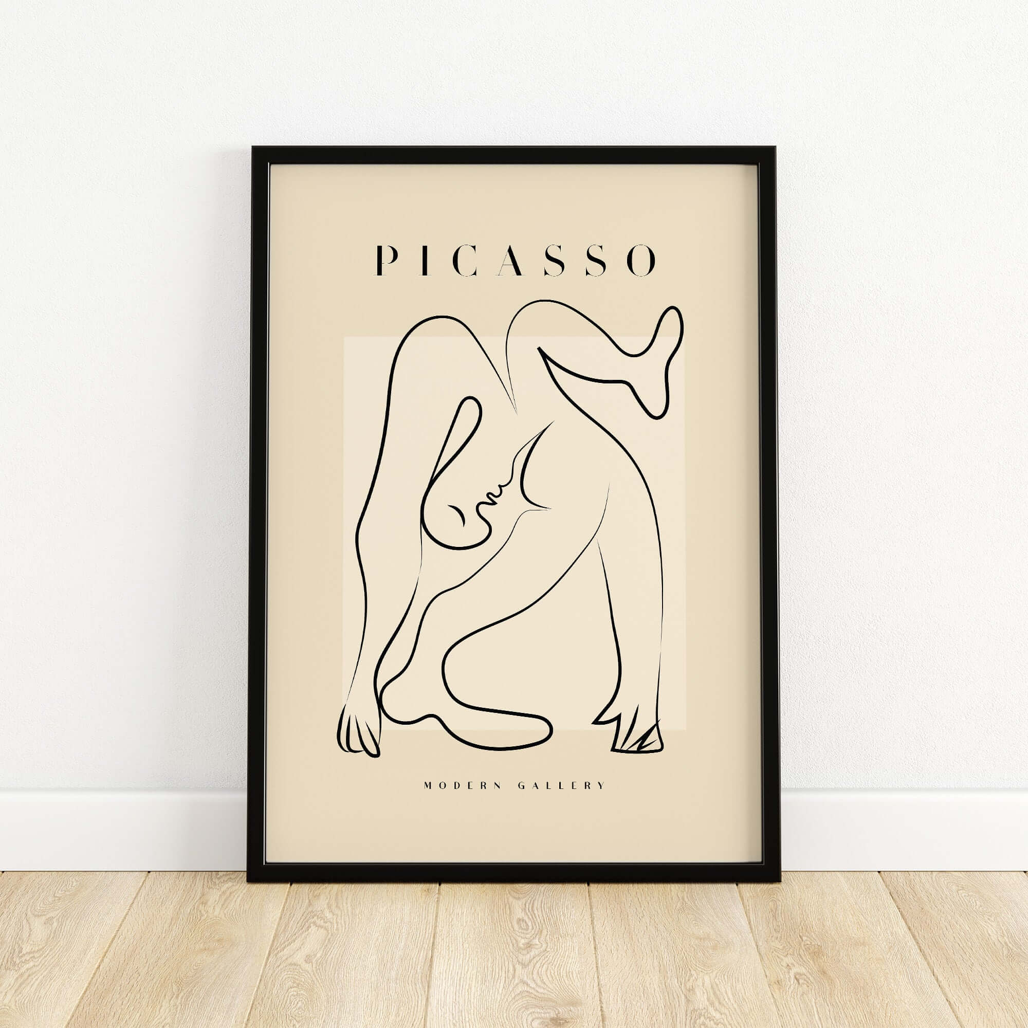 Picasso Contorted Figure Abstract Pose Line Art Modern Gallery Poster Wall Art displayed in a sleek black frame.