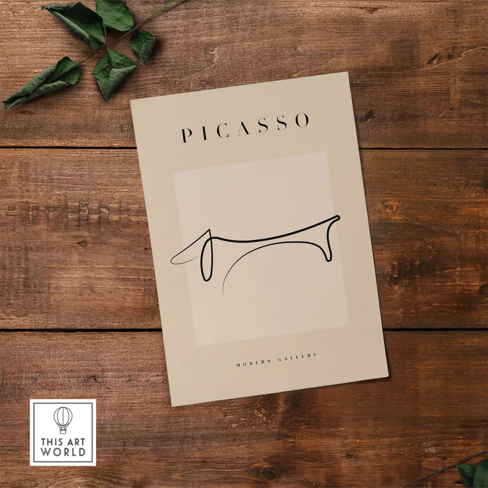 Picasso Dachshund Dog Line Art Minimalist Animal Poster Modern Gallery Print on beige background.