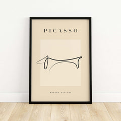 Picasso Dachshund Dog Line Art Minimalist Animal Poster Modern Gallery Print featuring a simple, elegant design on beige background.