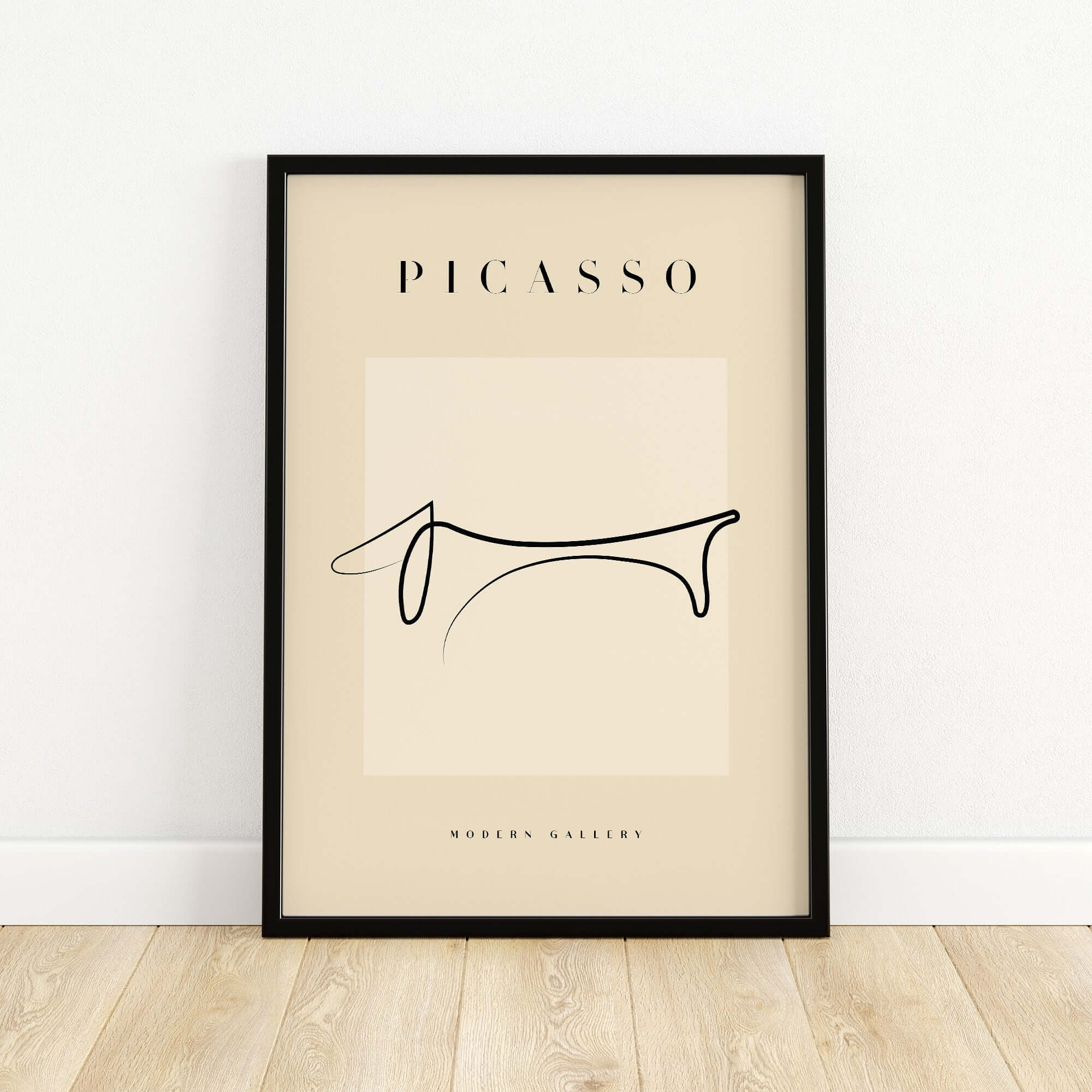 Picasso Dachshund Dog Line Art Minimalist Animal Poster Modern Gallery Print featuring a simple, elegant design on beige background.