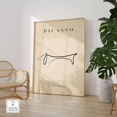 Picasso Dachshund Dog Line Art Minimalist Animal Poster Modern Gallery Print displayed in a stylish interior setting.